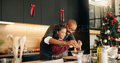 Buy stock photo Baking, father and child with egg on Christmas for festive cake recipe, dough batter and helping. Happy family, African people and mixing ingredients in home for xmas cookies, learning and guidance