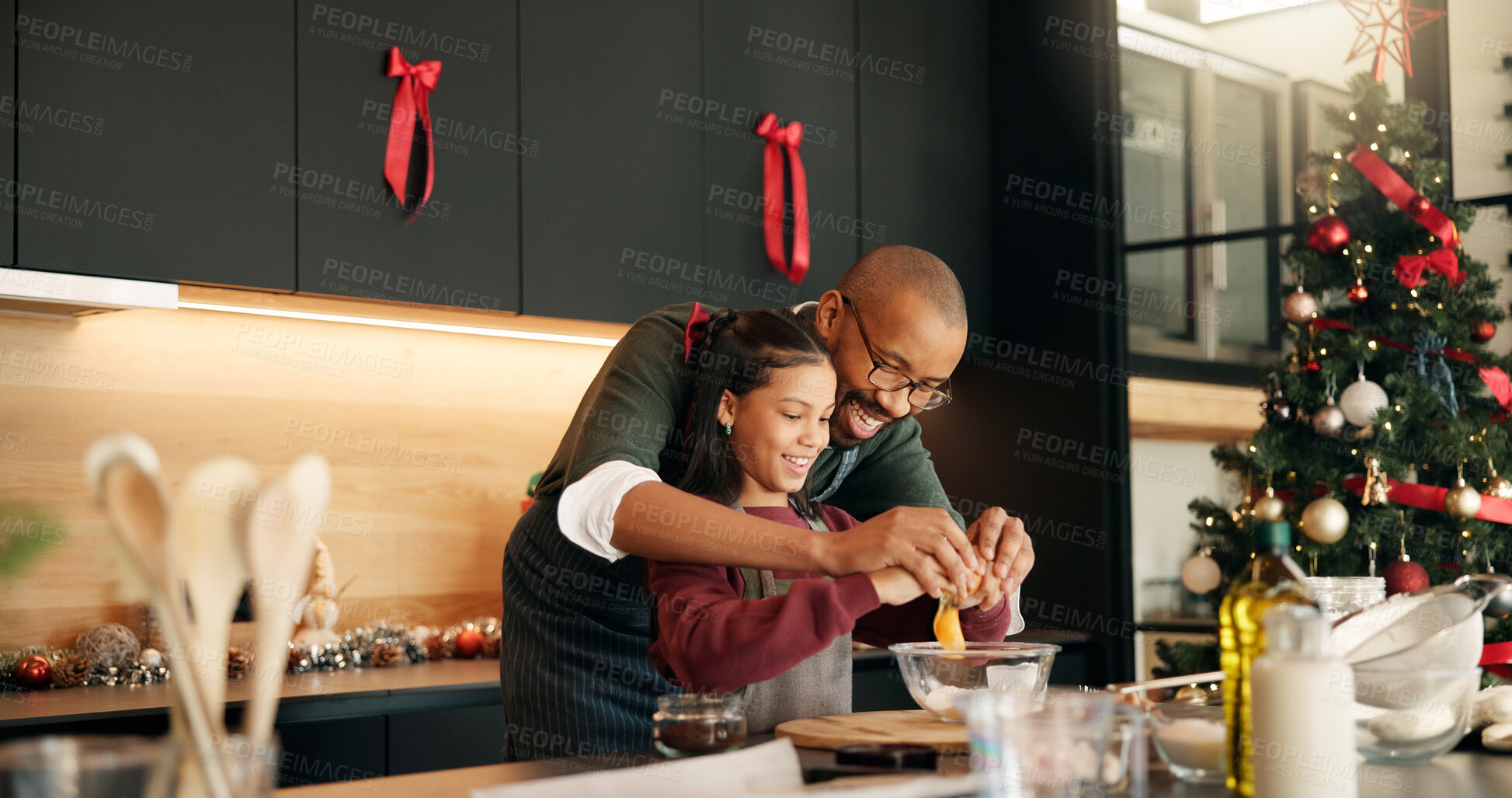 Buy stock photo Baking, father and child with egg on Christmas for festive cake recipe, dough batter and helping. Happy family, African people and mixing ingredients in home for xmas cookies, learning and guidance