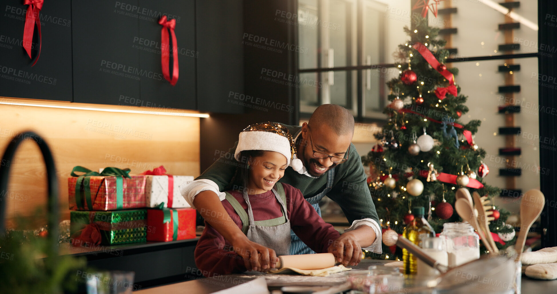 Buy stock photo Christmas, baking and father in kitchen, girl and bonding together with dough, home and festive. African parent, dad or family with daughter, Xmas and holiday season with ingredients and learning