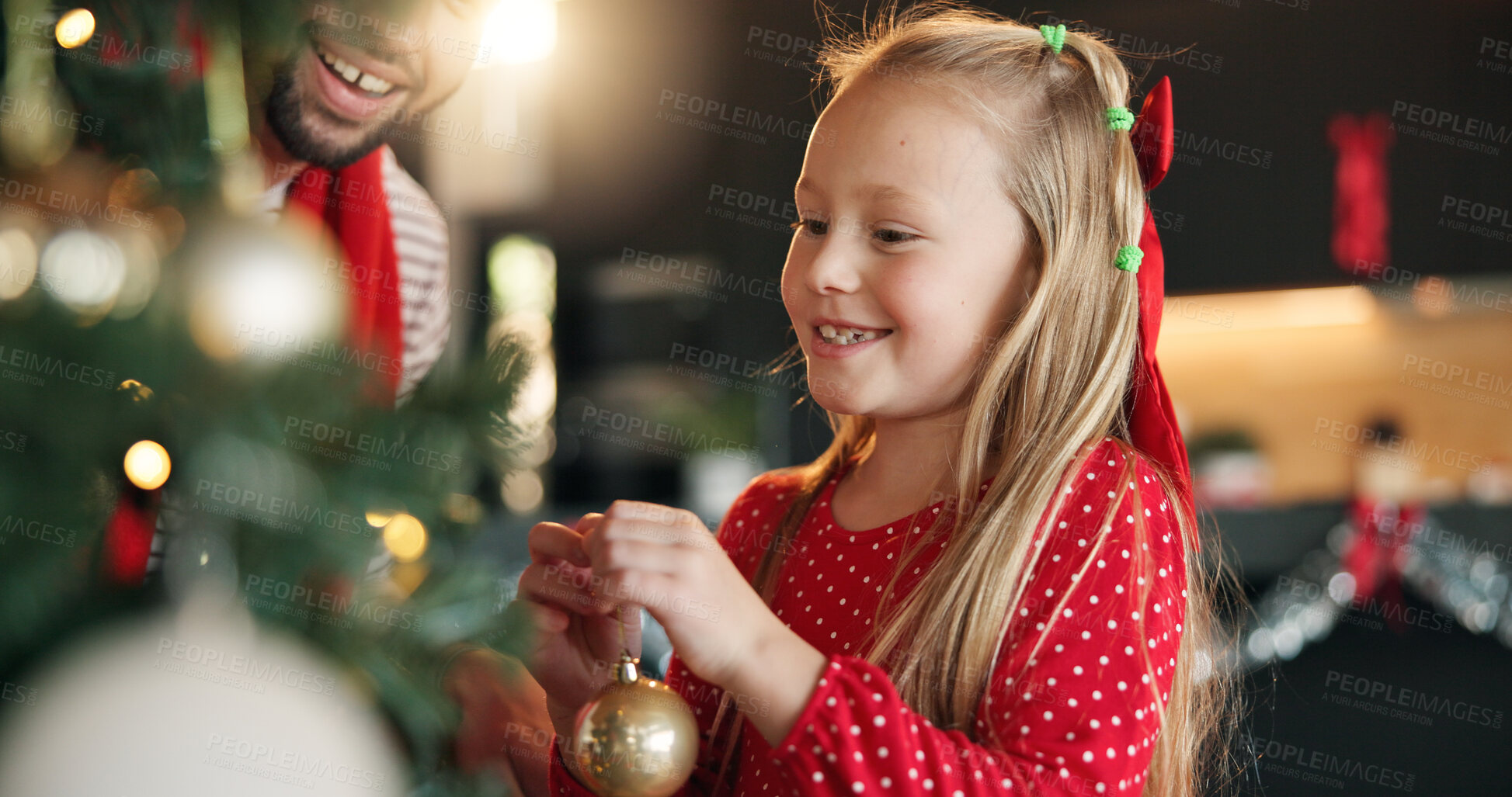 Buy stock photo Christmas, father and girl with tree for decoration on festive holiday, family tradition or help. Child, man and together in home for celebration, happiness and xmas bauble for bonding in winter