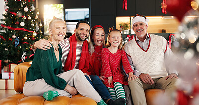 Buy stock photo Portrait, happy and family in home for Christmas memory, celebration or relaxing together. Smile, holiday and girl child with parents and grandparents on sofa for xmas, event or festive season.