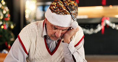 Buy stock photo Thinking, elderly man and house on Christmas of past reflection, lonely holiday and nostalgia memory. Sad, senior person and sorrow for cancelled plan, regret decision and emotional of festive season