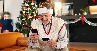 Buy stock photo Senior man, phone and credit card at house for Christmas shopping, gift search and online payment. Smile, elderly person and mobile for ecommerce store, present checkout and transaction of xmas sales