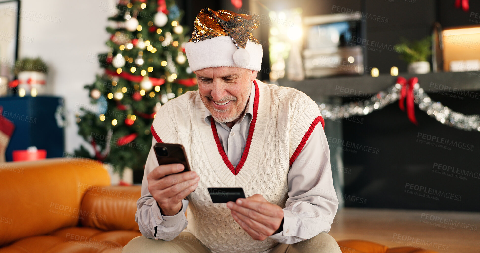 Buy stock photo Senior man, phone and credit card at house for Christmas shopping, gift search and online payment. Smile, elderly person and mobile for ecommerce store, present checkout and transaction of xmas sales