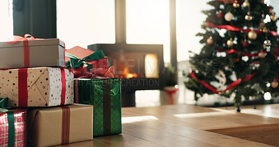 Buy stock photo Christmas, home and present in lounge, tree and holiday season with decoration. Xmas, gifts and festive with tradition, boxes and ribbon with celebration, empty and package with event and December