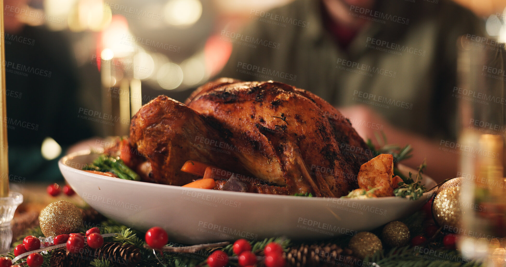 Buy stock photo Chicken, vegetables and cuisine with serving for christmas dinner, meal or gathering on dining table. People, food or festive celebration with family feast or plate for hosting or holiday in home