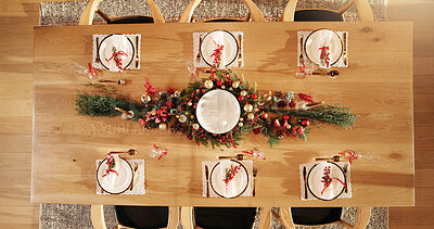 Buy stock photo Dining, table decor and christmas with plates for holiday dinner, festive meal or hospitality above. Top view, preparation or getting ready for season feast, catering service or celebration in house