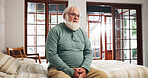 Lonely, old man and sad in bedroom, thinking or pensioner with Alzheimer and mental health in house. Depressed, elderly person and reflection in nursing home, retirement and alone with dementia
