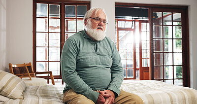 Buy stock photo Lonely, old man and sad in bedroom, thinking or pensioner with Alzheimer and mental health in house. Depressed, elderly person and reflection in nursing home, retirement and alone with dementia