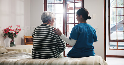 Buy stock photo Back, talking and nurse with senior woman in bedroom for support, help and care in nursing home. Retirement, healthcare and caregiver with elderly person for empathy, conversation and consulting