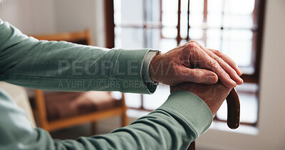 Buy stock photo Senior person, hands and healthcare with cane for support or physical aid in retirement home. Closeup, elderly or patient with walking stick for mobility, balance or assisted living in old age house