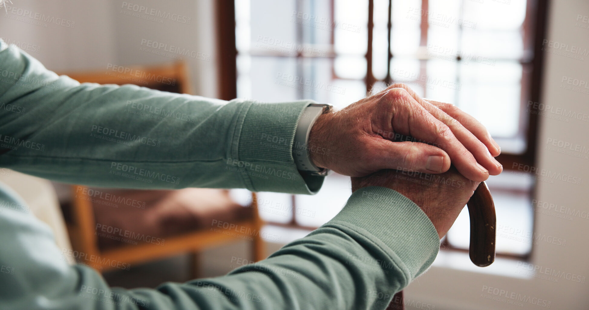 Buy stock photo Senior person, hands and healthcare with cane for support or physical aid in retirement home. Closeup, elderly or patient with walking stick for mobility, balance or assisted living in old age house