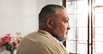 Sad, senior man and thinking in nursing home, loneliness and pensioner with Alzheimer and depressed. Mental health, reflection and old person with dementia, remember and retirement in house or alone