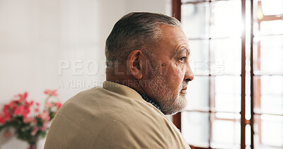 Buy stock photo Sad, senior man and thinking in nursing home, loneliness and pensioner with Alzheimer and depressed. Mental health, reflection and old person with dementia, remember and retirement in house or alone