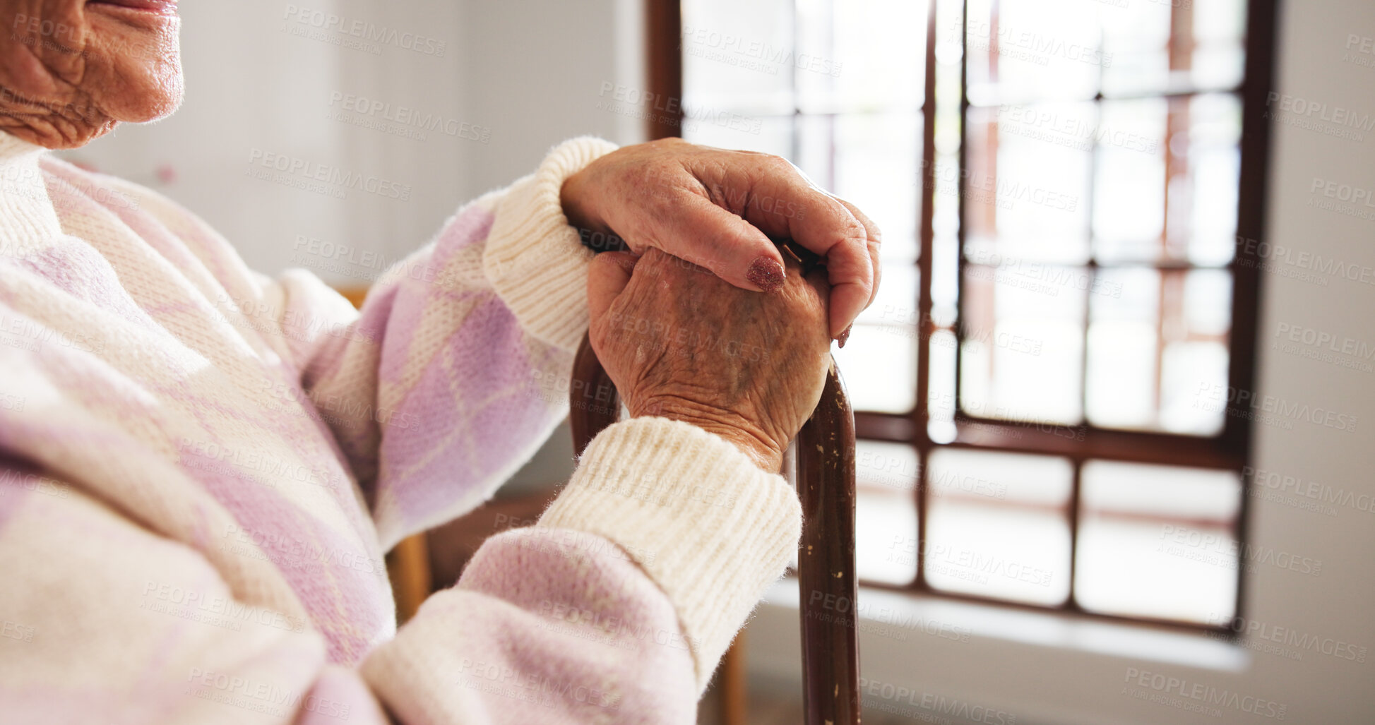 Buy stock photo Senior woman, hands and thinking with cane for healthcare or support in retirement home. Closeup, female person or elderly patient with walking stick for mobility, balance or assisted living in house