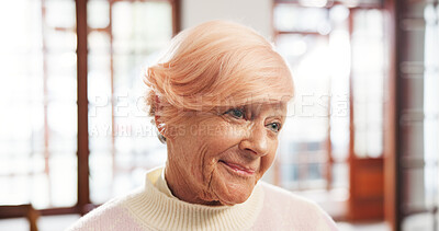 Buy stock photo Thinking, senior woman and smile at house with dementia, remember past and nostalgia memory. Happy, elderly person and reflection for mental health, daydream and Alzheimers patient at nursing home