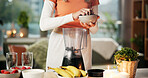 Woman, hands or blender with blueberries or fruit for smoothie or healthy diet in home. Female person, nutritionist or vegan with juice mixer for natural organic drink, vitamins or nutrition in house