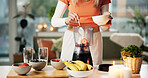 Woman, hands or blender with fruit or ingredients for smoothie or healthy diet in home. Female person, nutritionist or vegan with juice mixer for natural organic drink, vitamins or nutrition in house