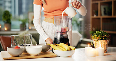 Buy stock photo Woman, hands and blender with milk or fruit for smoothie, milkshake or healthy diet in home. Female person, nutritionist or vegan with mixer for natural organic drink, vitamins or nutrition in house