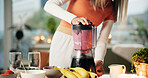 Woman, hands and mixing fruit with blender for smoothie, milkshake or healthy diet in home. Female person, nutritionist or vegan with mixer for natural organic drink, vitamins or nutrition in house