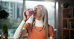 Smoothie, home and mature woman with drink for healthy gut, benefits and wellness in morning. Kitchen, breakfast and person with protein shake, cocktail and beverage for digestion, nutrition or detox