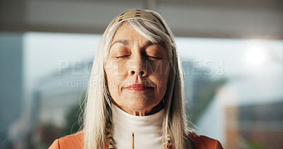 Buy stock photo Home, woman and smell aroma of incense stick for peaceful atmosphere, meditation and aromatherapy. Zen, mature person and inhale fragrance in house for holistic healing, self care and stress relief