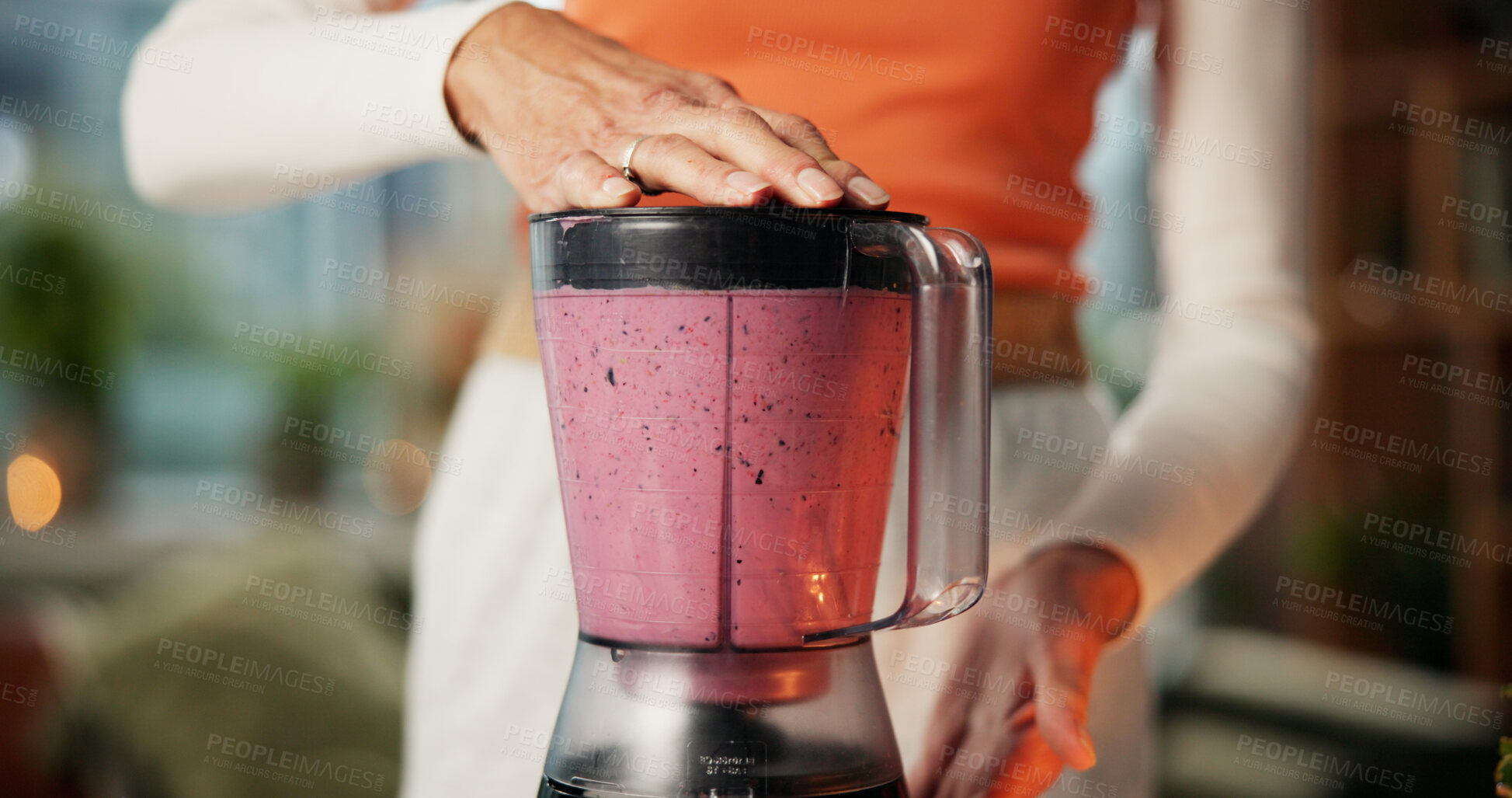 Buy stock photo Person, hands and mixing fruit with blender for smoothie, milkshake or healthy diet in home. Closeup, nutritionist or vegan with mixer for natural organic drink, vitamins or fiber nutrition in house