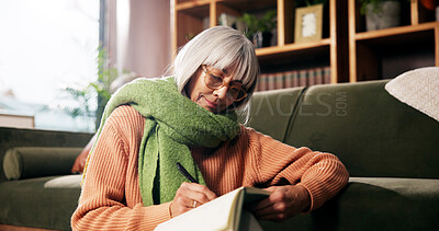 Buy stock photo Senior woman, writing and diary on living room floor with reminder, notes and smile at retirement home. Elderly person, book and happy for creativity, journal or relax with inspiration at apartment