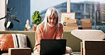 Reading, laptop and smile with old woman on sofa for retirement policy, planning and review. Insurance payout, pension benefits and online application with elderly person in living room of home