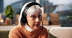 Ecommerce, headset and woman with customer service in home for delivery FAQ, verify info and help. Supply chain, mature person and microphone for package enquiry, dropshipping support and remote work