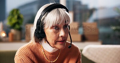 Buy stock photo Ecommerce, headset and woman with customer service in home for delivery FAQ, verify info and help. Supply chain, mature person and microphone for package enquiry, dropshipping support and remote work