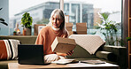 Ecommerce, woman and box with laptop in home for order update, package details or check inventory. Dropshipping, mature person and technology in lounge for supply chain, remote work or small business