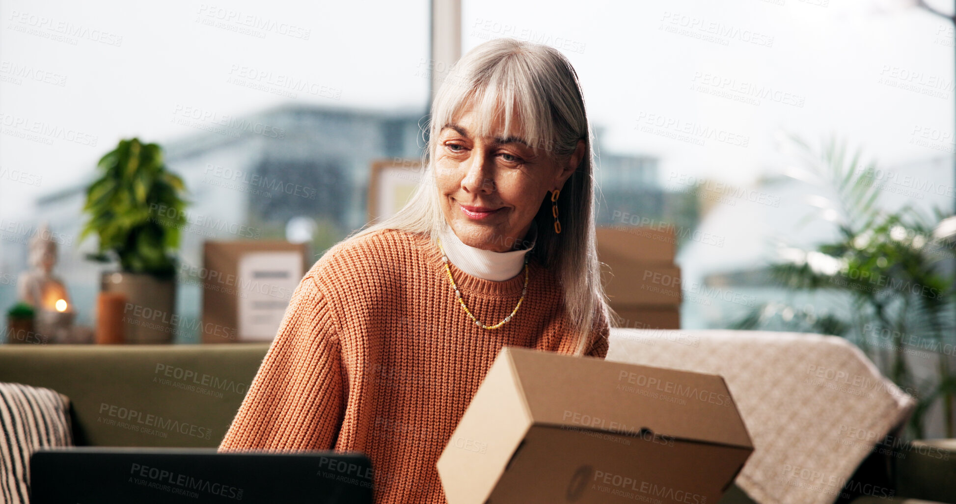 Buy stock photo Laptop, mature woman and box for ecommerce, logistics and check online for order and remote work. Package, technology and freelance entrepreneur in home for stock, shipping or quality control