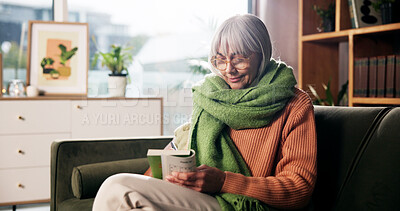 Buy stock photo Game, writing and book with old woman on sofa for smile, brain puzzle and relax. Hobby solution, reading and problem solving with elderly person in living room of home for answer, idea and journal
