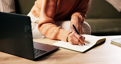 Buy stock photo Hands, person and writing on journal in home for reminder, agenda or planning with ideas. Diary, notes and senior woman with notebook for checklist, tasks and schedule with information for to do list