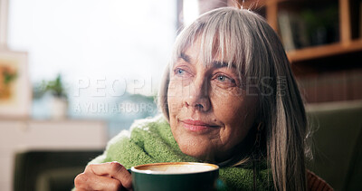 Buy stock photo Old woman, coffee and smile with thinking on sofa for happy memory, daydreaming and weekend break. Retirement, relax and senior person with warm beverage in home for wellness and reflection in lounge