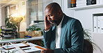 Business, headache and black man in office, stress and pain with health risk, deadline or tax audit. African person, employee and financial consultant in workplace, migraine and burnout with laptop