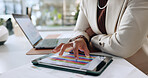 Hands, business person and graph on tablet for accounting, financial planning and budget review. Woman, laptop and report with finance results, statistics document and online expenses in office