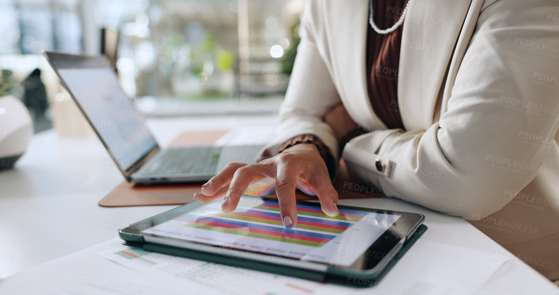 Buy stock photo Hands, business person and graph on tablet for accounting, financial planning and budget review. Woman, laptop and report with finance results, statistics document and online expenses in office