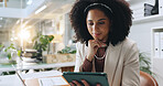 Thinking, tablet and woman with laptop in office for online project, proposal and website research. Business, financial consultant and person on digital tech for planning budget, report and email