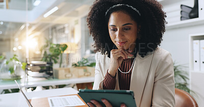 Buy stock photo Thinking, tablet and woman with laptop in office for online project, proposal and website research. Business, financial consultant and person on digital tech for planning budget, report and email