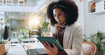 Idea, tablet and woman with laptop in office for online project, proposal and website research. Business person, financial consultant and reading on digital tech for planning budget, report and email