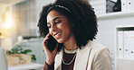 Smile, business woman and phone call in office for financial deal, offer or communication. African worker, mobile and talk to contact for investment negotiation, networking or good news with feedback