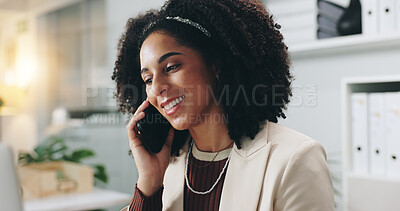 Buy stock photo Smile, business woman and phone call in office for financial deal, offer or communication. African worker, mobile and talk to contact for investment negotiation, networking or good news with feedback