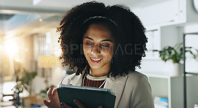 Buy stock photo Tablet, smile and reading with business woman in office for planning, account manager and research. Digital review, portfolio update and client application with person in financial firm for report