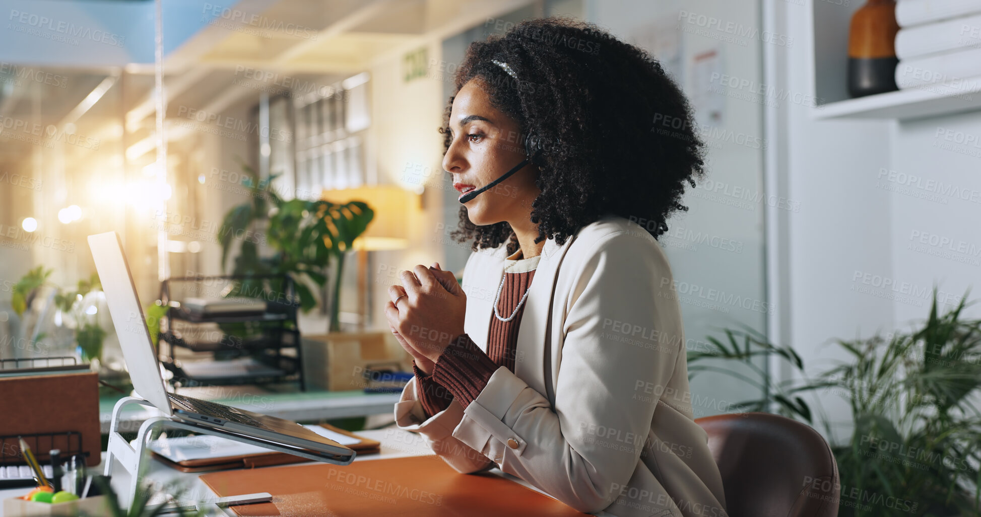 Buy stock photo Laptop, call center and business woman in office for virtual assistant, information and help desk, Administration, contact us and receptionist with person in agency for communication and consulting