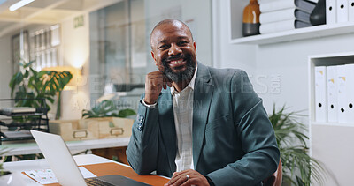 Buy stock photo Smile, laptop and portrait of business black man in office for risk assessment, policy review or planning. File claim, insurance application and digital underwriter with person for inspection report