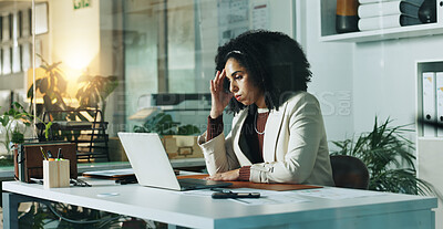Buy stock photo Business, headache and woman with laptop, tired and pain with health risk, deadline or fatigue. Person, employee and accountant in office, migraine and burnout with pc, email and mistake with report