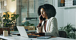 Phone call, laptop and typing with business woman in office for risk assessment, policy or communication. File claim, insurance application and underwriter contact with person for inspection report