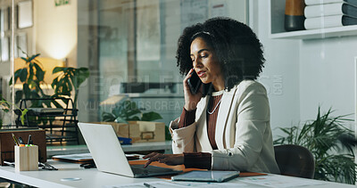 Buy stock photo Phone call, laptop and typing with business woman in office for risk assessment, policy or communication. File claim, insurance application and underwriter contact with person for inspection report